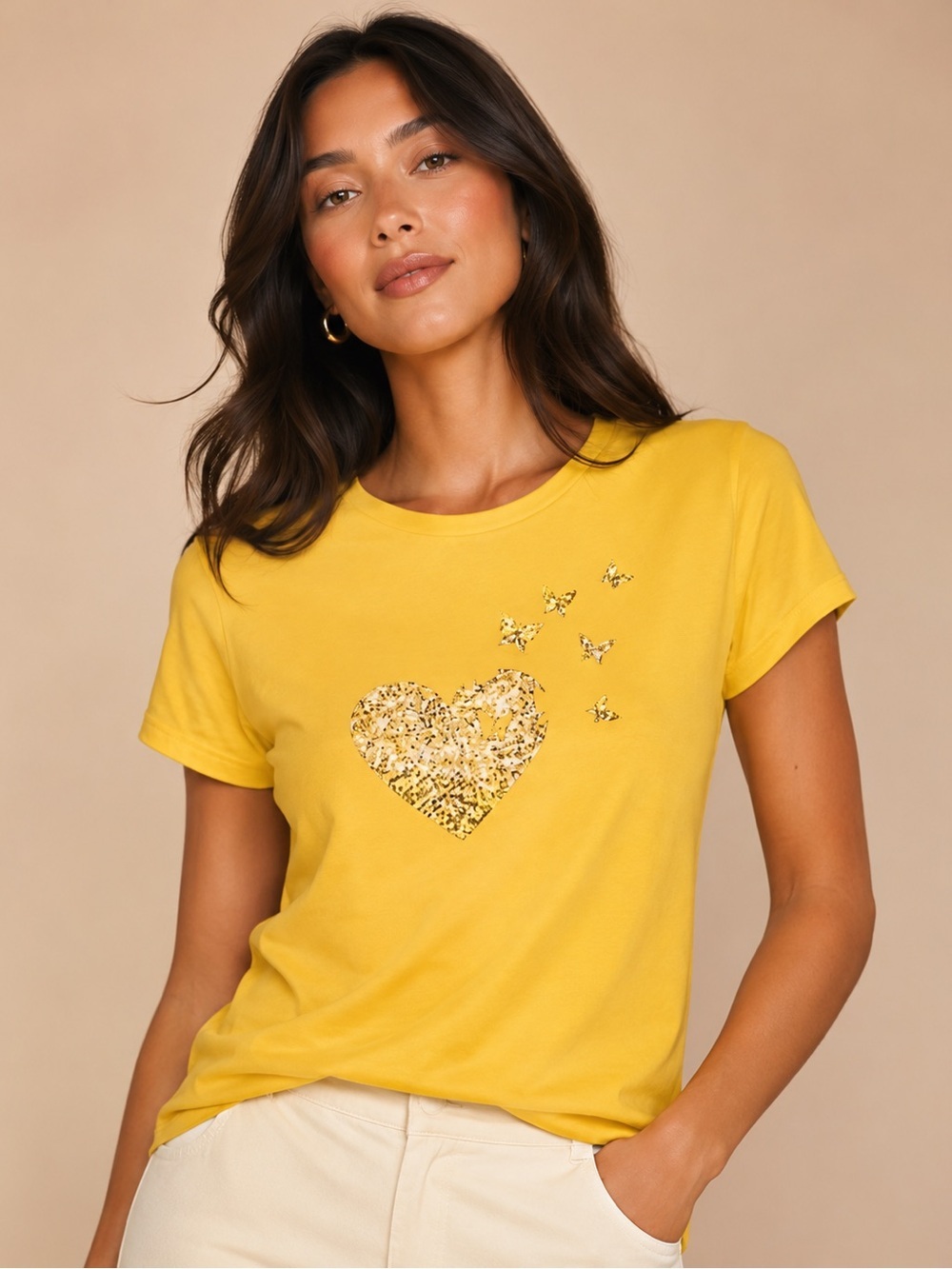 Yellow Butterfly Heart Graphic Tee XXL Cute Casual Top